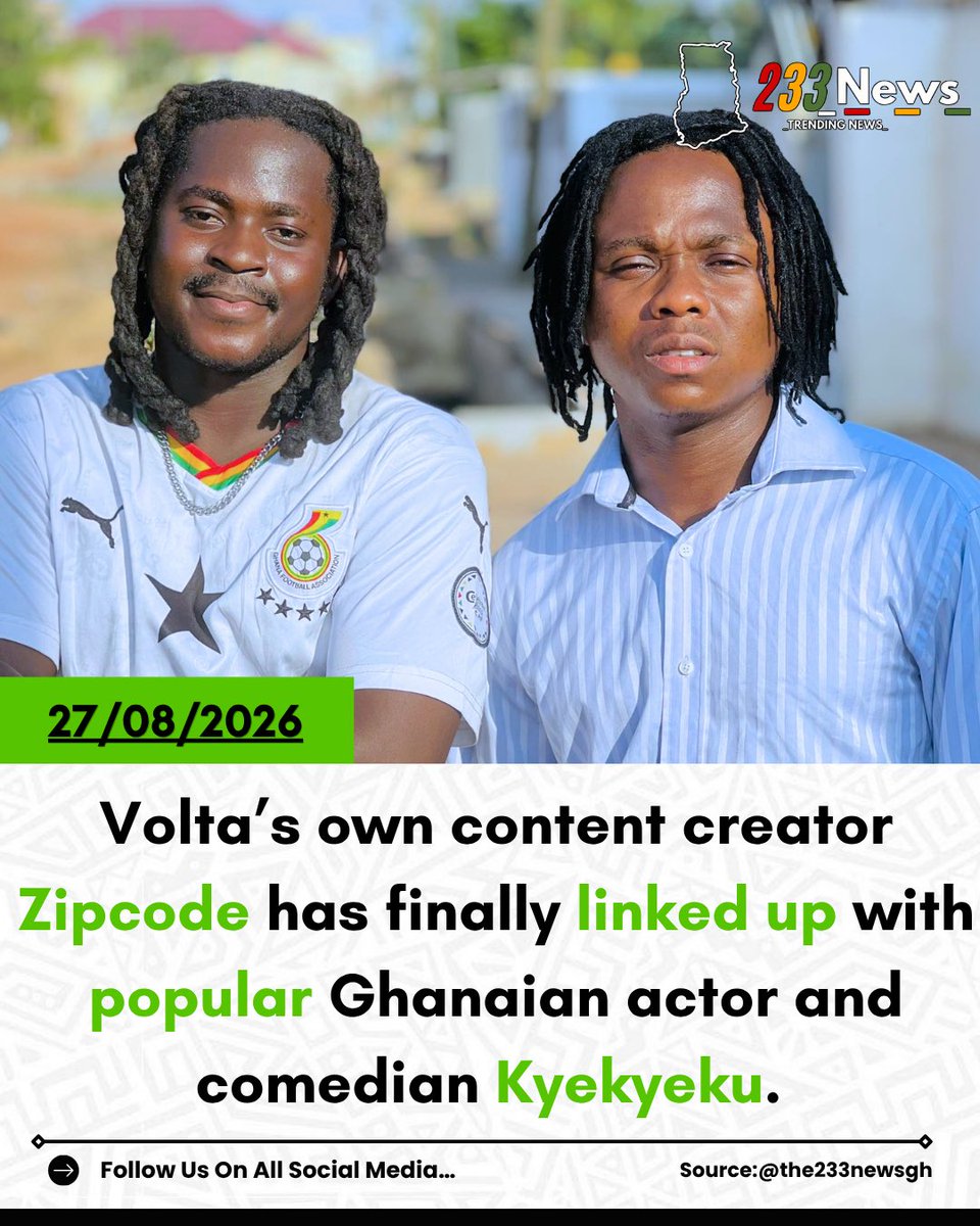 THE233NEWSGH's tweet photo. ZIPCODE has finally linked up with popular Ghanaian actor and comedian Kyekyeku. 🙌🏾

A link-up we’ve been waiting for! 👏🏾🔥

#Zipcode #Kyekyeku #VoltaContentCreator #GhanaEntertainment #the233News #The233News https://t.co/rdGjnPUVOm