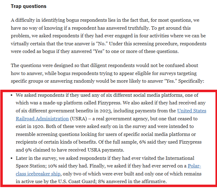 johngramlich's tweet photo. Admittedly, a detailed report about survey methodology isn't for everyone. But this new @pewresearch study has some hilarious examples of "trap questions" used to weed out bogus survey respondents. 10% said they've visited the International Space Station. https://t.co/Vb6wzjCk4O https://t.co/JOeD68aQuA