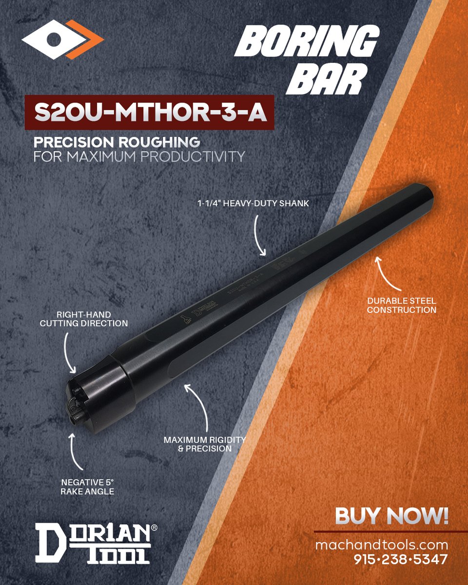 MtsTooling's tweet photo. Maximize your heavy turning productivity with the Dorian Tool S20U-MTHOR-3-A Boring Bar 🛠️💥

Built with a 1-1/4" shank and -5° rake angle for high-efficiency roughing and maximum rigidity.

🛒 Shop now: https://t.co/2mwc6eMe0S https://t.co/CDyrnsebhU