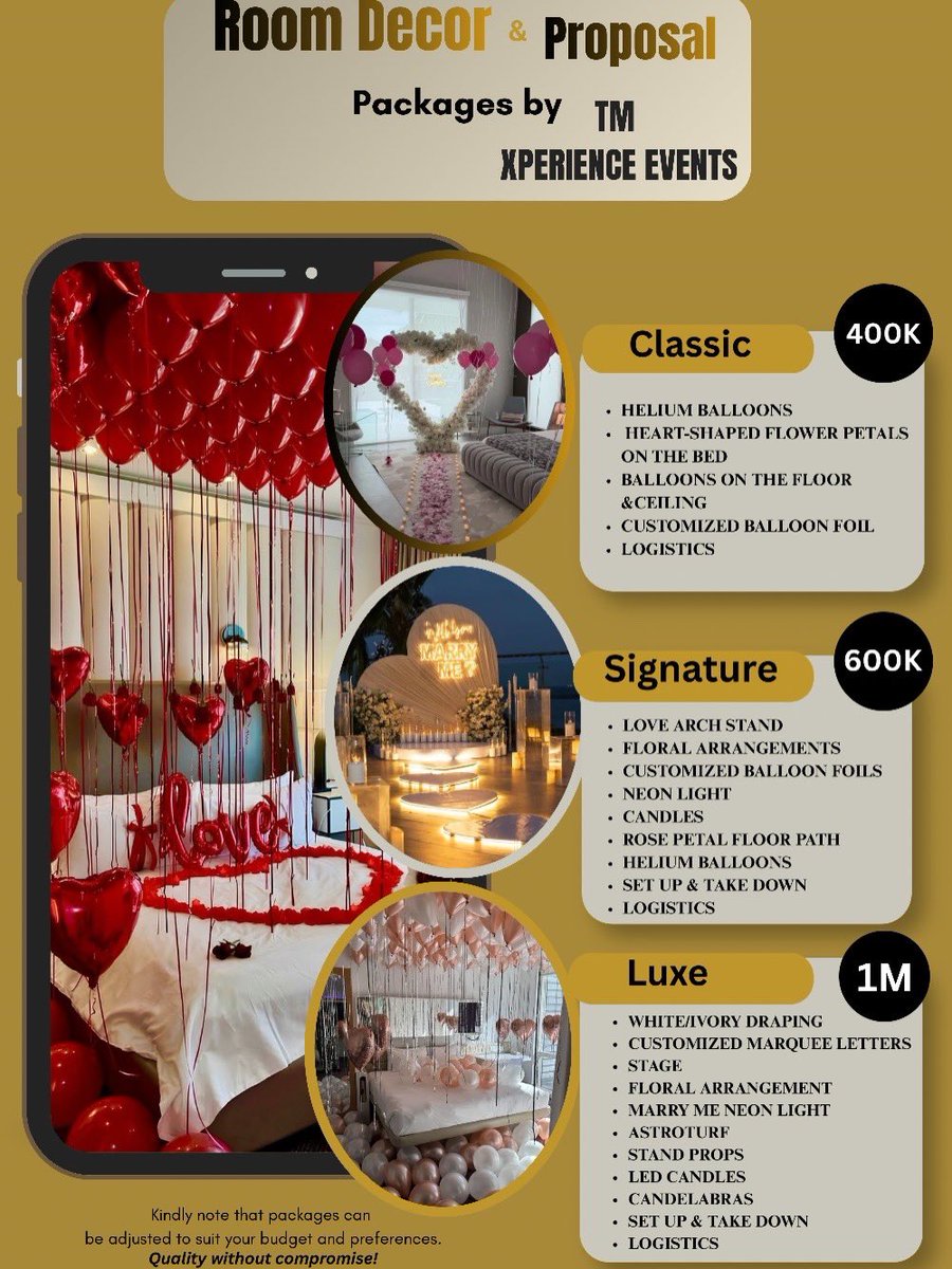 TmXperiencevent's tweet photo. Looking for a beautiful proposal setup, birthday bedroom decoration, anniversary setup or romantic surprise decoration in Lagos ? We’ve got you covered. ❤️❤️

Send a dm or 📞 070-89544557

KINDLY NOTE THAT THE PACKAGES CAN BE ADJUSTED TO SUIT YOUR BUDGET &amp; PREFERENCES. https://t.co/abztwV5B3v