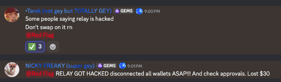 CrypSaf's tweet photo. Seeing multiple tags about @RelayProtocol could be "hacked"

Or, in other words, you don't receive your tokens when you swap ❌

Just sharing for your reference

At least wait till we have clarification from Relay before using it again

No need to revoke it seems, but no harm in doing it

Stay safe out there