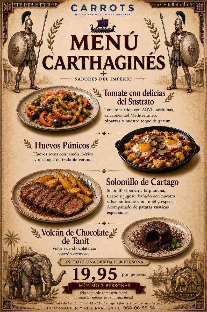 Carrots_Cafe's tweet photo. 🎉 ¡YA ESTÁN AQUÍ UN AÑO MÁS NUESTROS MENÚS DE CARTAGINESES Y ROMANOS! 
⚔️🏛️Del 17 al 27 de septiembre, ven a vivir las fiestas por todo lo alto en Carrots.
#CarthaginesesyRomanos #FiestasCartagena #CartagenaEnFiestas #QartHadasht #CarthagoNova #Carrots #CarrotsCafe #Cartagena https://t.co/QEbnKDEZxi