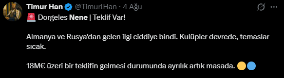 TimurlHan's tweet photo. Dorgeles Nene | Fenerbahçe

Üzücü bir ayrılık olur benim için olursa 22+3 Milyon Euro kötü bir bedel değil. https://t.co/WYhP45NX4y