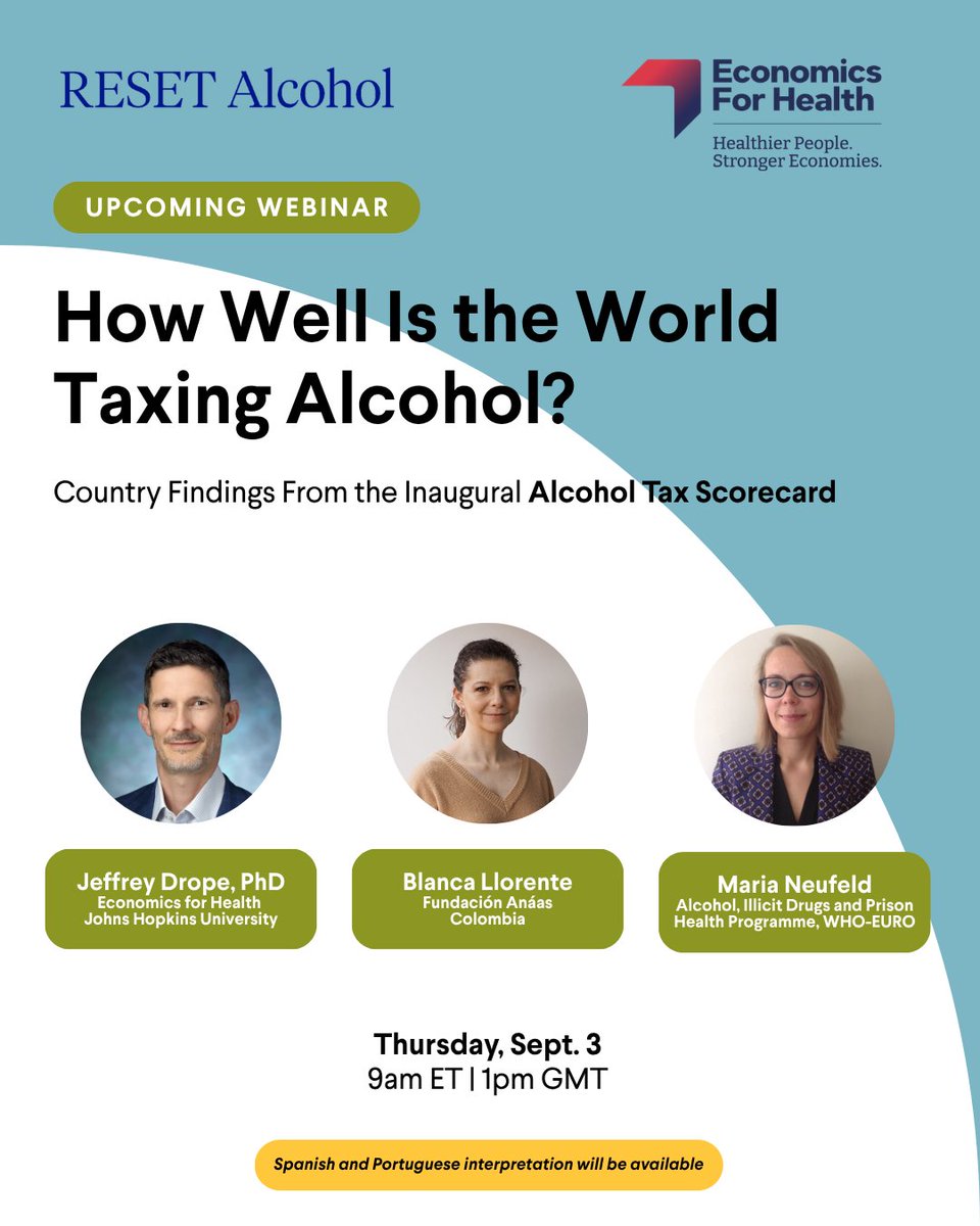EconforHealth's tweet photo. Join us next week for the launch of the 1️⃣st #AlcoholTaxScorecard📚 from @EconforHealth &amp; RESET Alcohol!

We will be discussing the findings and opportunities for gov'ts to improve #alcohol tax policy 🌍

Happening on September 3rd at 1pm GMT/ 9am ET 👇
 
https://t.co/MhEejcj2We https://t.co/ljUHsIFMhl