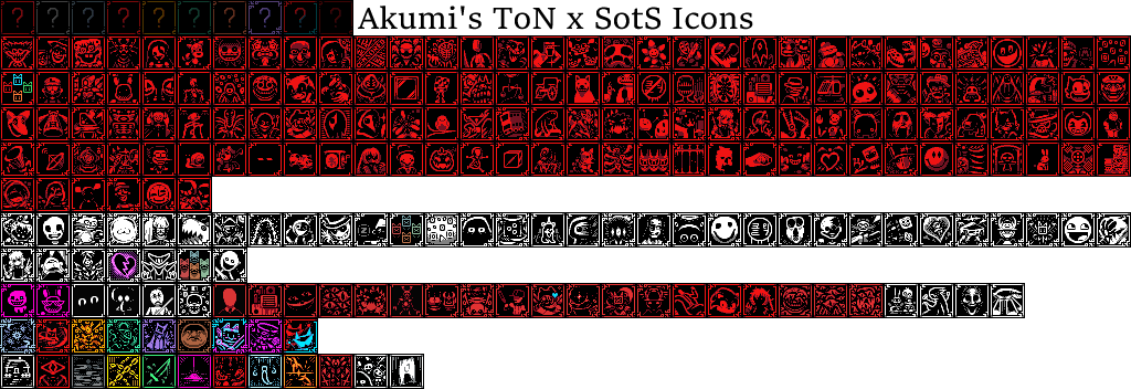 AkumiVRC's tweet photo. Akumi's ToN x SotS Basic Terror Icons - 1:1
- Repost as I fixed TBH Spy's Icon had two individual white pixels that were not there originally there so whoops
- Credit to @TheTaidumKing for the new nameless icon. 
- Unbounds are next but may take time to complete. ID 74-84 left https://t.co/EmkteyVtRH