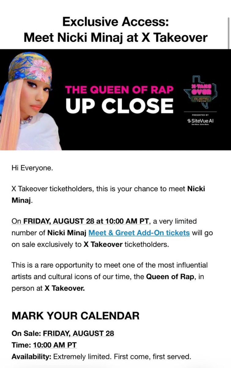 teslaownersSV's tweet photo. We made it happen.

Once @NICKIMINAJ confirmed she was keynoting @theXtakeover and doing a meet & greet, the team moved fast

Available exclusively to existing ticket holders.
On sale tomorrow — Friday 8/28 at 10:00 AM PST.

Extremely limited. First come, first served.
Proud of what the whole X Takeover crew pulled together for 10/10 at Giga Texas.