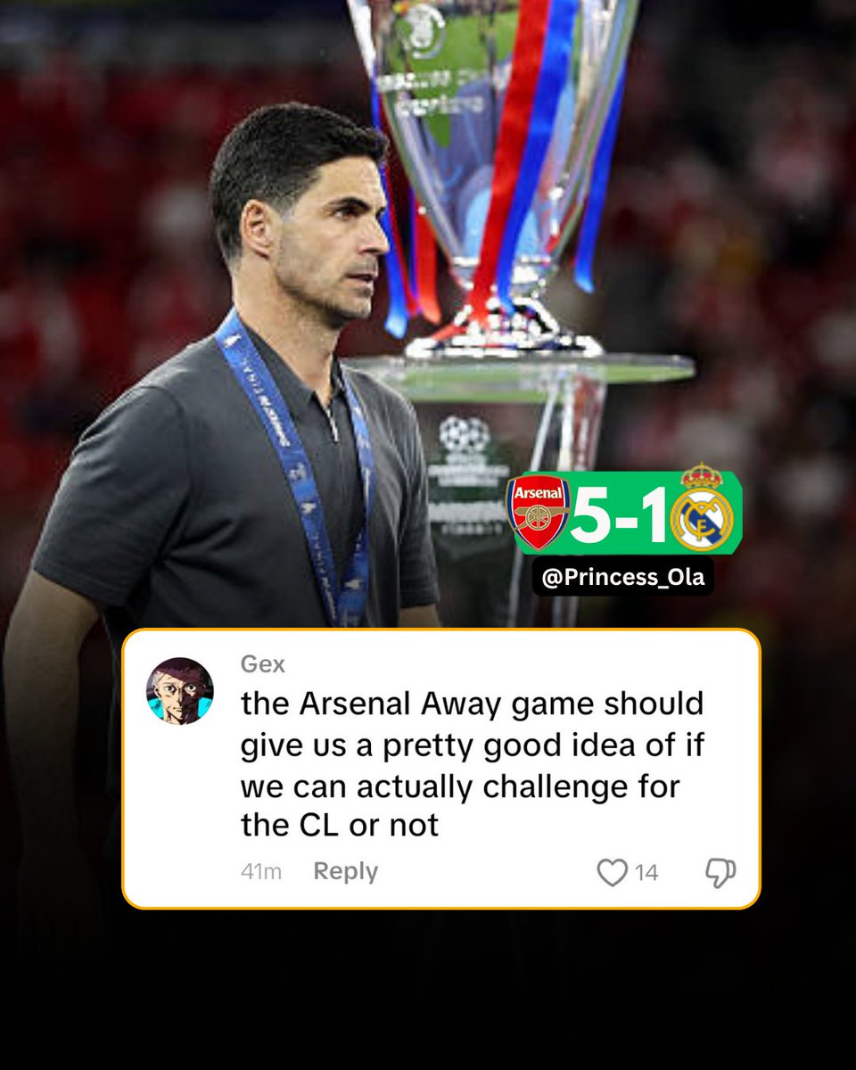 OlaMi_Arsenal's tweet photo. 🔴⚪ Never in my lifetime did I think Real Madrid fans would use Arsenal as a yardstick to measure their own strength ahead of a Champions League campaign. Real Madrid. The most decorated club in the history of the competition, treating us like the test.

Before the draw this morning, Barcelona fans were actually hoping to get us. Not to avoid us, to get us. Because facing Arsenal would tell them everything they need to know about whether they can actually compete for this thing or not. Omo.

If someone told me in 2014 that Bayern Munich fans would one day see Arsenal as a tough opponent, I would not have believed them. Ah swear. Those were the years Bayern were putting five past us like it was a Sunday league mismatch. 5-1. Three different times. That was our relationship with "big" European teams back then, we were the appetizer.

Many many clubs now see us as the team to beat.  

I feel like crying right now.

I don't know wha to say, I just want to say, Thank you Arteta. You really did pull us out of the trenches, season by season, painful near-miss by painful near-miss, until the same clubs that used to look past us started looking over their shoulder instead. 

We're still here. We're still building. And apparently, everybody else is watching to see how far.

COYG. Always. 🔴⚪