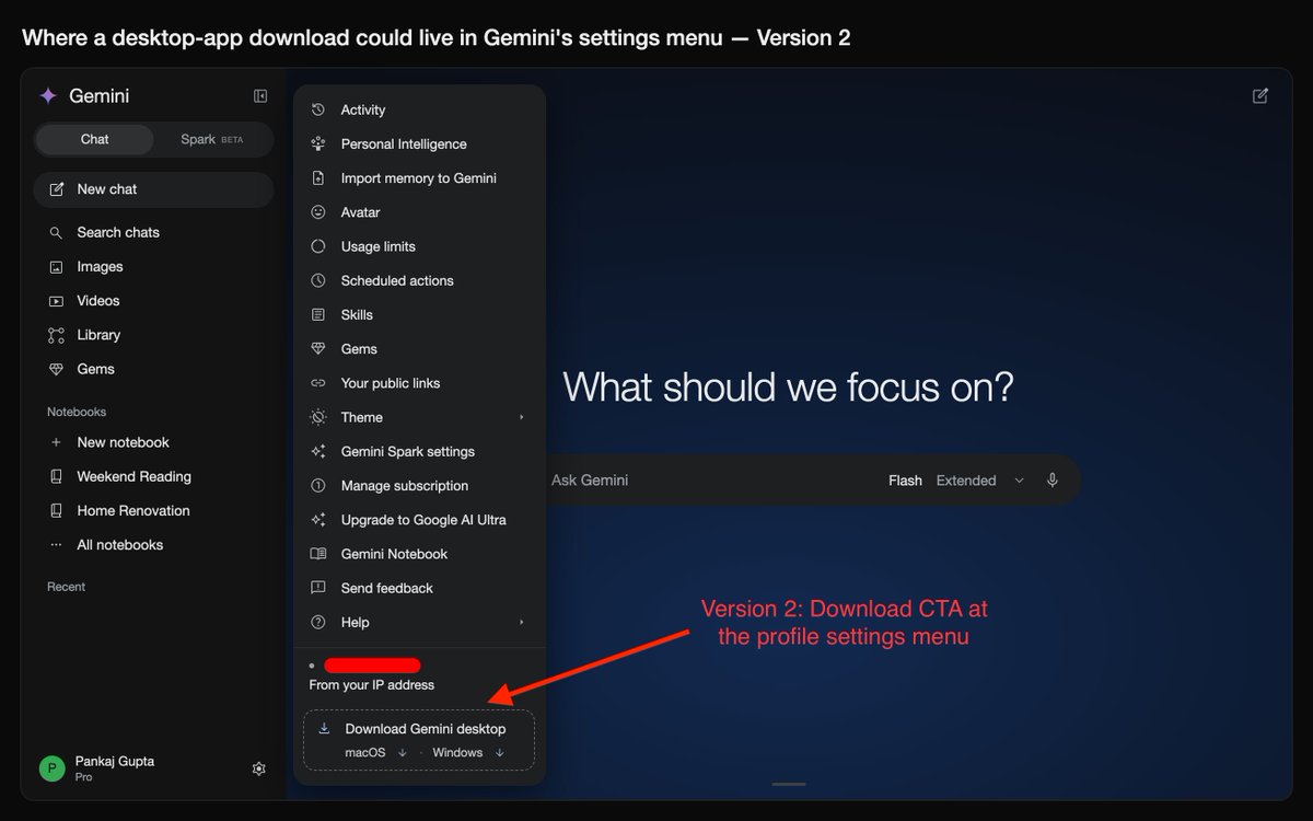 pankaj_ipynb's tweet photo. @GeminiApp Wait, Gemini has an official Mac app? And it’s been out for > 5 months? @GeminiApp why hide it @OfficialLoganK @ammaar ?

@OpenAI  &amp; @claudeai product teams have highlighted ➜] desktop apps on their side panel settings; so I made few mockups to help the team for inspiration ;) https://t.co/8rQXsTPLyA