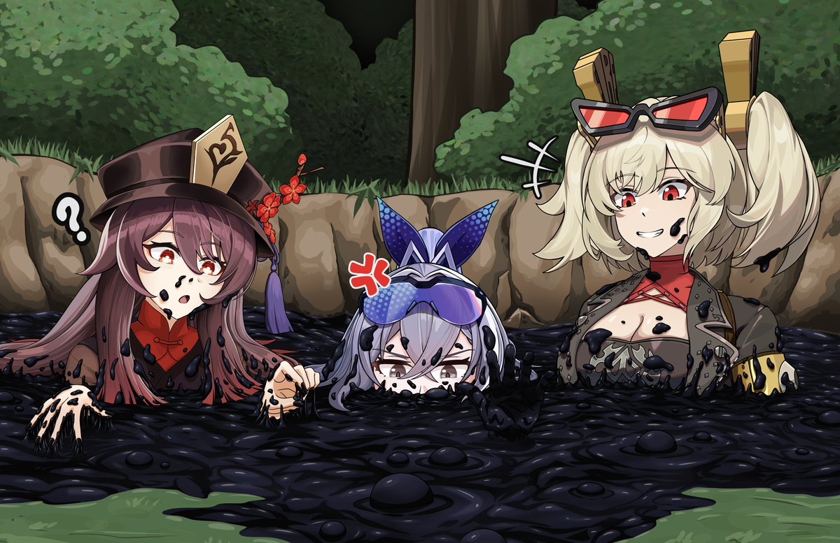 japier93's tweet photo. Hu Tao, Silver Wolf &amp; Burnice in Sticky Tar!

Thank you for the commission by @Stuffingforstuf!!

#Quicksand #粘着拘束 #底なし沼 #InternationalMudDay #mud #stuck #QuicksandFetish https://t.co/EgNOFSR8HW