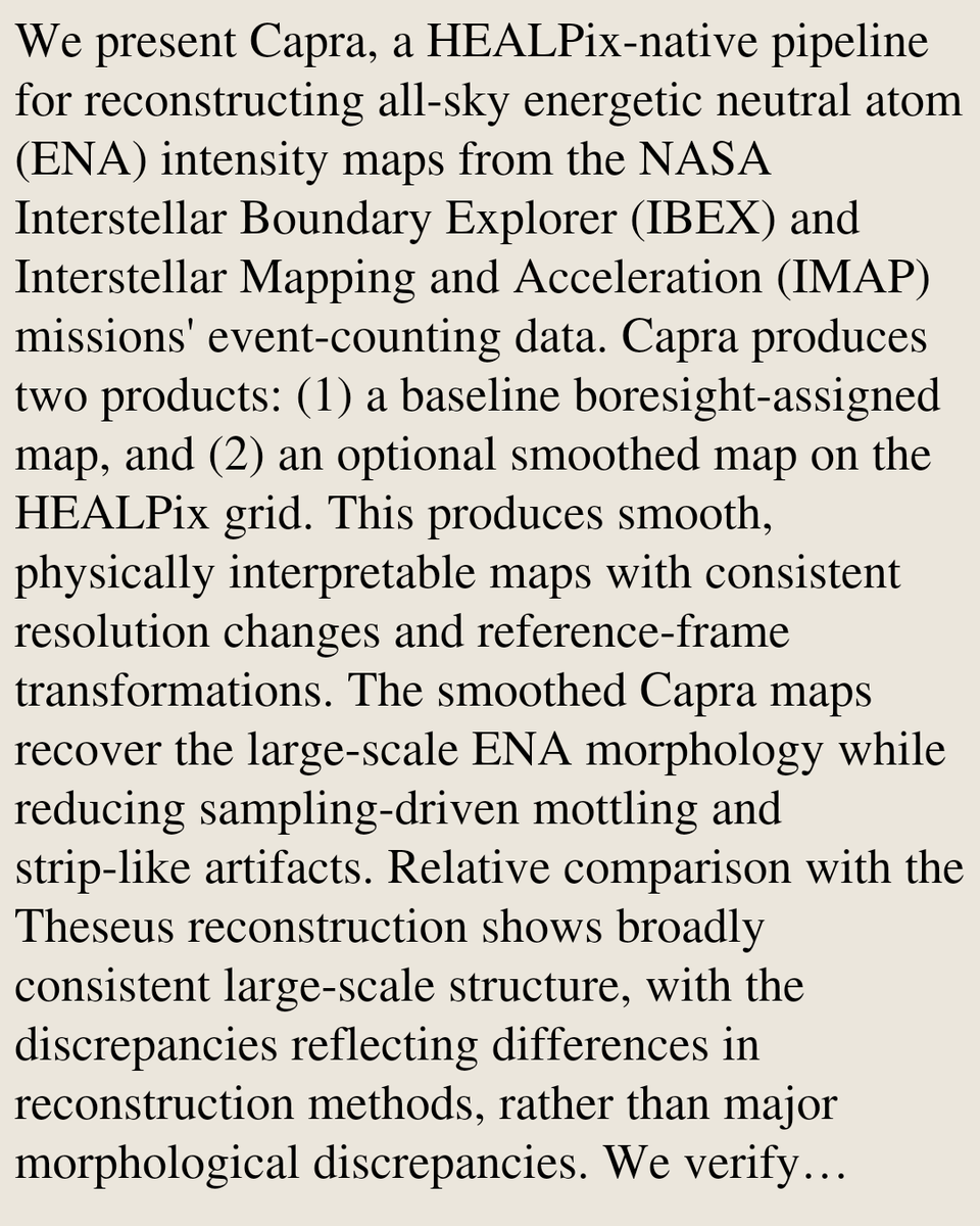 AstrophysicsIns's tweet photo. Capra: Scalable HEALPix-Native Intensity Reconstruction for High-Resolution IMAP Analyses

Nikola Bukowiecka, Daniel B. Reisenfeld, Maciej Bzowski
https://t.co/uXoJBfjoVK [𝚊𝚜𝚝𝚛𝚘-𝚙𝚑.𝙸𝙼 𝚙𝚑𝚢𝚜𝚒𝚌𝚜.𝚜𝚙𝚊𝚌𝚎-𝚙𝚑] https://t.co/hrP7mU0XVh