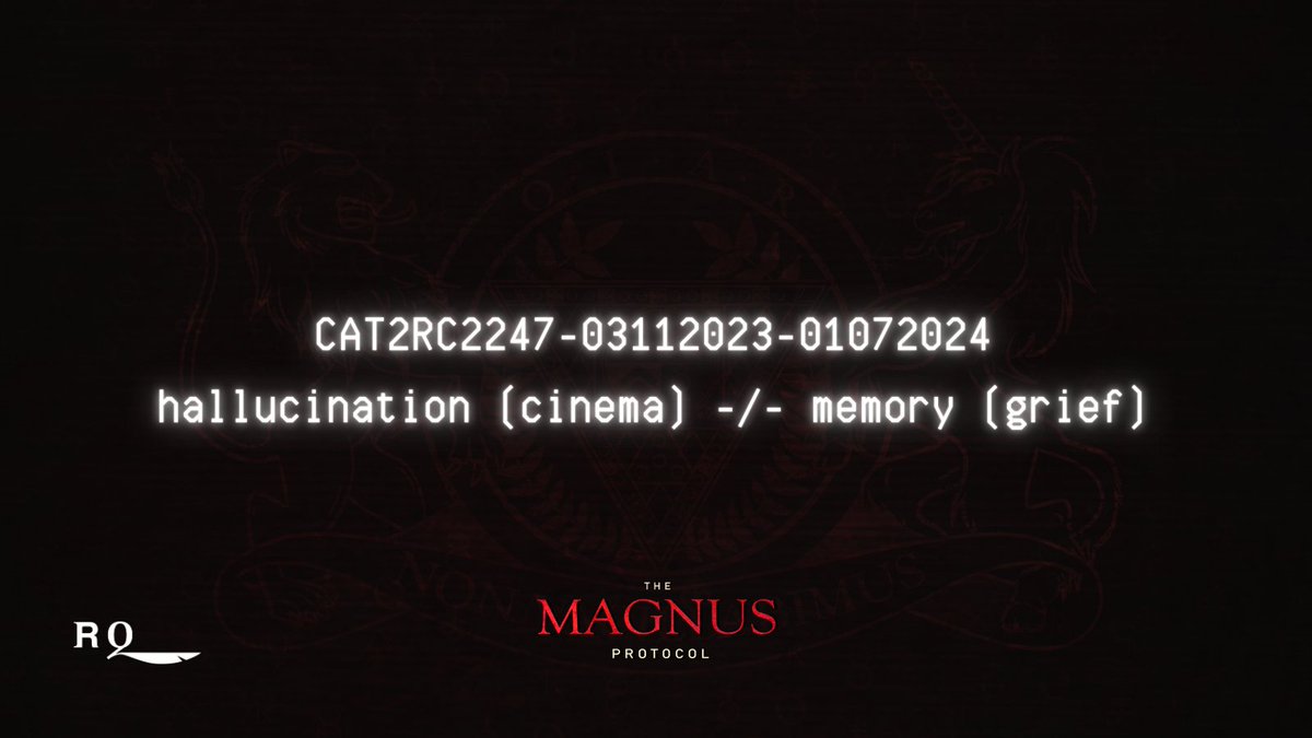 A dark red background, with distorted horizontal lines - reminiscent of old computer monitors. Faintly in the background is the OIAR crest logo. In the foreground, in a white font often seen on older computers is the case number and description: "CAT2RC2247-03112023-01072024
hallucination (cinema) -/- memory (grief)"