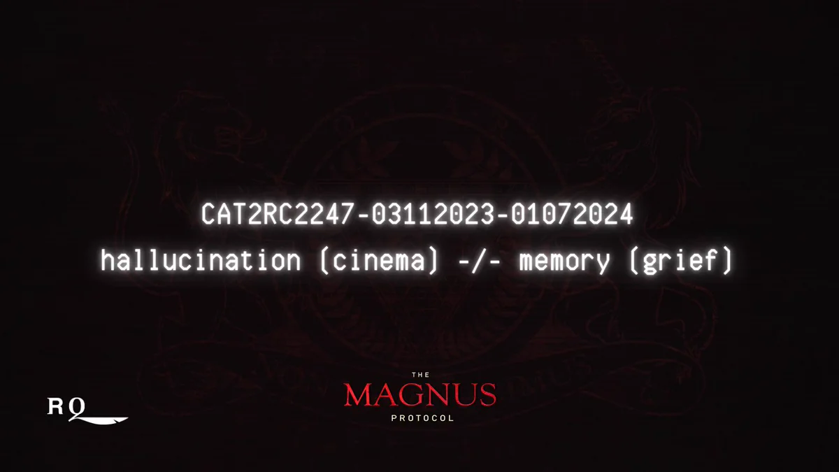 A dark red background, with distorted horizontal lines - reminiscent of old computer monitors. Faintly in the background is the OIAR crest logo. In the foreground, in a white font often seen on older computers is the case number and description: "CAT2RC2247-03112023-01072024
hallucination (cinema) -/- memory (grief)"