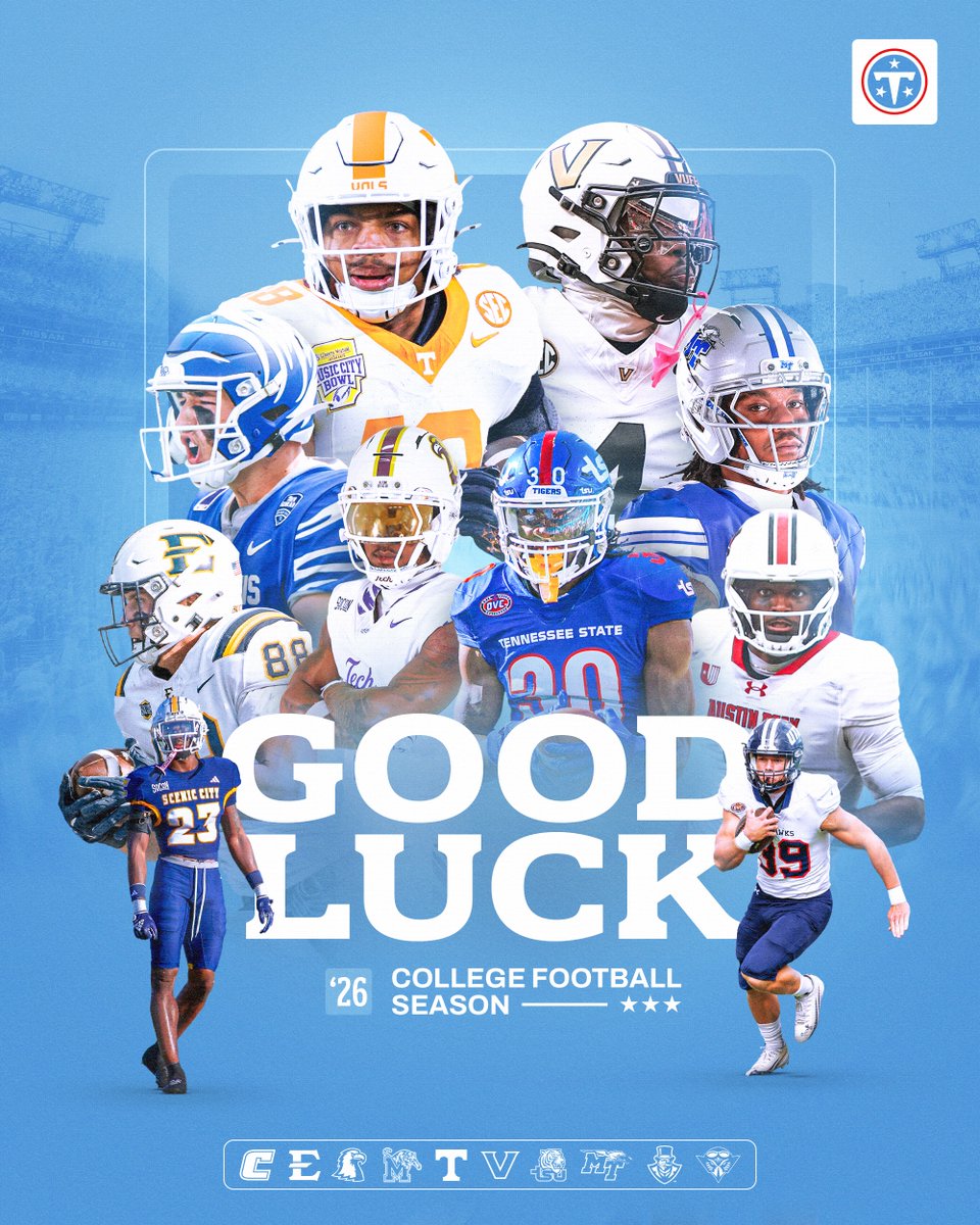 Titans's tweet photo. Happy College Football season!! Good luck to all our Tennessee teams 🏈 https://t.co/kZlv8hLQTe