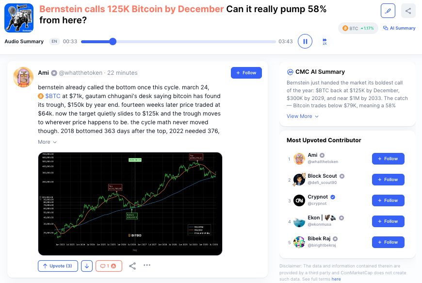 CoinMarketCap's tweet photo. HOT TOPIC: Wall Street just flipped bull on bitcoin:native  🎯

Bernstein's new roadmap: $125K by December, $300K by 2029, near $1M by 2033. All while bitcoin:native fights to hold $79K.

Bottom already in? Cast your vote 👇
https://t.co/pQXUdIWtfe https://t.co/NMUAXBOfOa