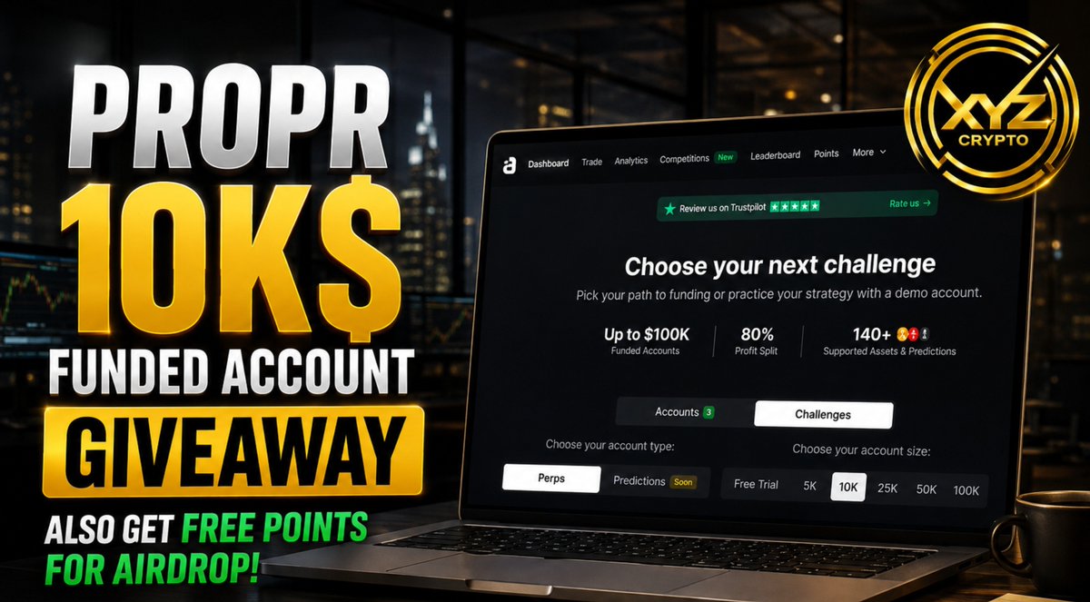 XYZCryptos's tweet photo. 🚨 $10,000 TRADING FUNDED ACCOUNT GIVEAWAY 🚨

@ProprXYZ × @XYZCryptos

🔥 One of the biggest opportunities you don't want to miss!

For the next 100 hours, anyone who purchases a challenge account with Propr has a chance to win a $10,000 funded account for FREE 🎁

How to Join 👇

🥇 Buy a Propr Challenge Account
💰 Minimum: $25
👉 https://t.co/5X1AixyNci

🥈 Join our Telegram Channel
👉 https://t.co/N2qnWUJzfg

🥉 Follow us
👉 @XYZCryptos

🎁 EXTRA: We're also planning a $5,000 funded account giveaway for everyone!

⚡ Why Propr?
• Full transparency
• Built on @HyperliquidX
• Trading-focused prop firm
• Real opportunity to get funded

⚠️ IMPORTANT:
We need at least 10 buyers + a strong response for the giveaway to go ahead.

So please follow ALL the rules and show your support ❤️

❤️ Like
🔁 Repost
👥 Tag 3 friends below

Don't miss this one. Get in early. 🚀