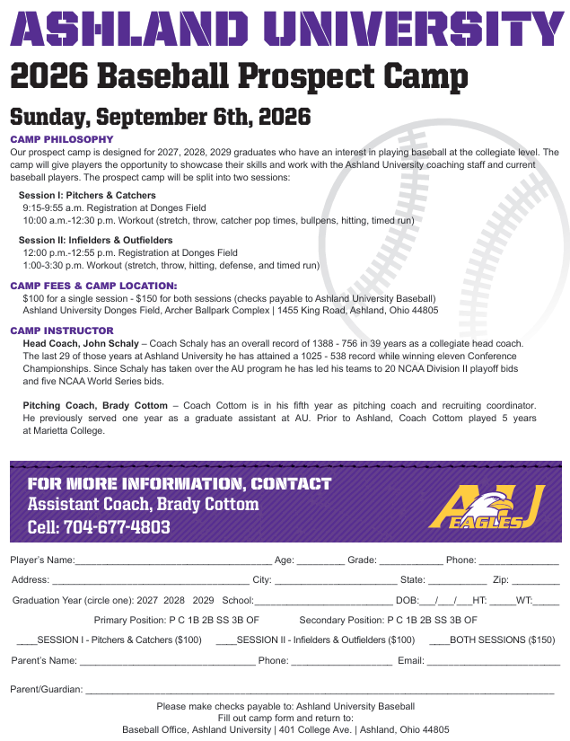 ashland_base's tweet photo. 🚨Ashland University Baseball Prospect Camp🚨

📅 Sunday, September 6th
⏲️Session I: 10 AM - 12:30PM Pitchers &amp; Catchers 
⏲️Session II: 1PM - 3:30PM Infielders &amp; Outfielders
🔗https://t.co/jE99XfQuHJ

A Great Opportunity to meet the coaching staff and current players! https://t.co/DgeVFIc4mq