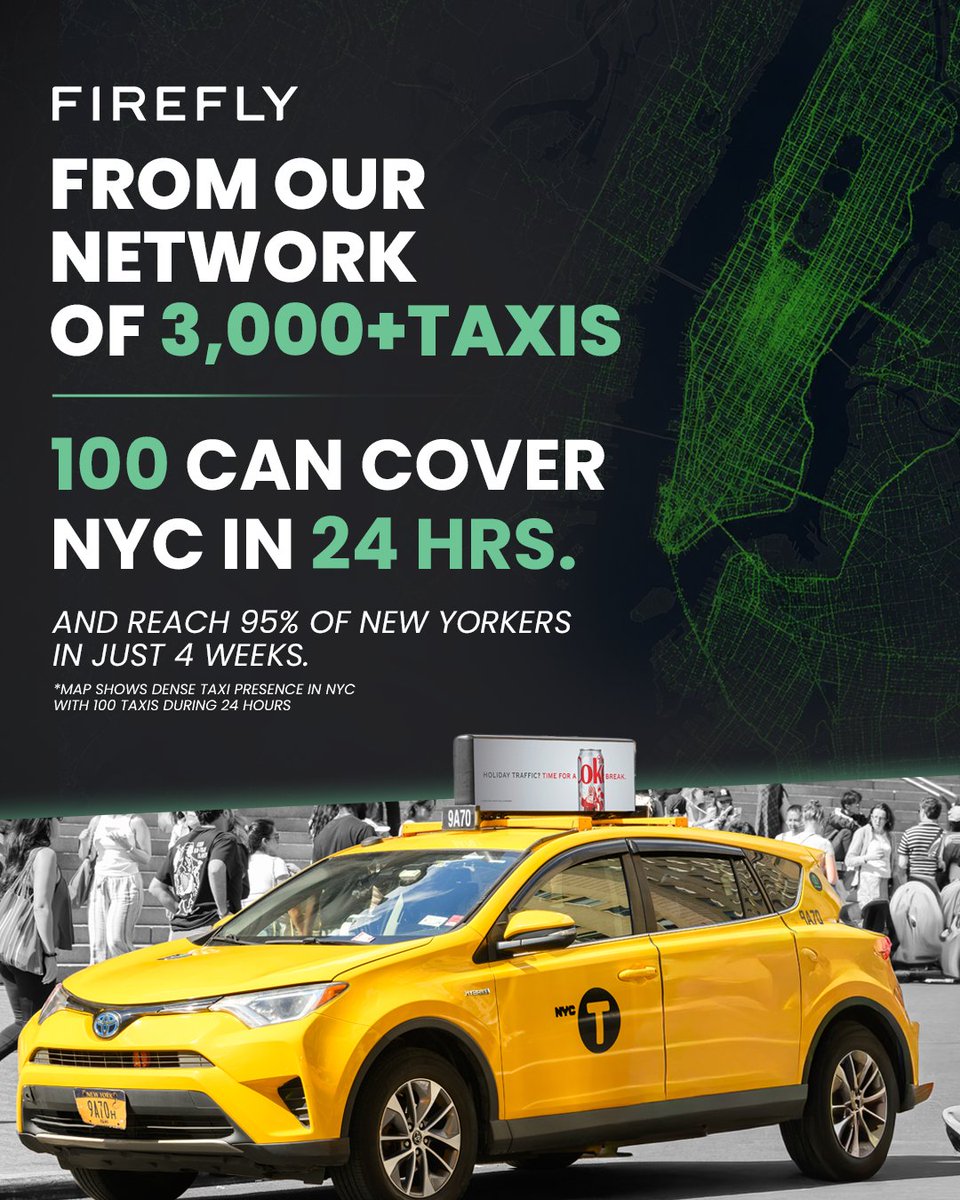 Firefly_Cities's tweet photo. The global leader in mobility media, backed by 20+ years of New York expertise. 🌍🚕

Firefly operates NYC’s largest taxi advertising platform, giving brands multiple ways to connect with audiences as they move through the city.

See what our NYC network can do. 👇 https://t.co/4rfflbqwNA