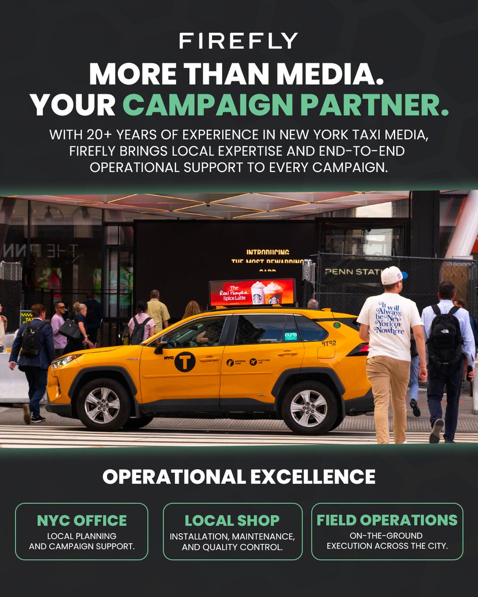 Firefly_Cities's tweet photo. The global leader in mobility media, backed by 20+ years of New York expertise. 🌍🚕

Firefly operates NYC’s largest taxi advertising platform, giving brands multiple ways to connect with audiences as they move through the city.

See what our NYC network can do. 👇 https://t.co/4rfflbqwNA