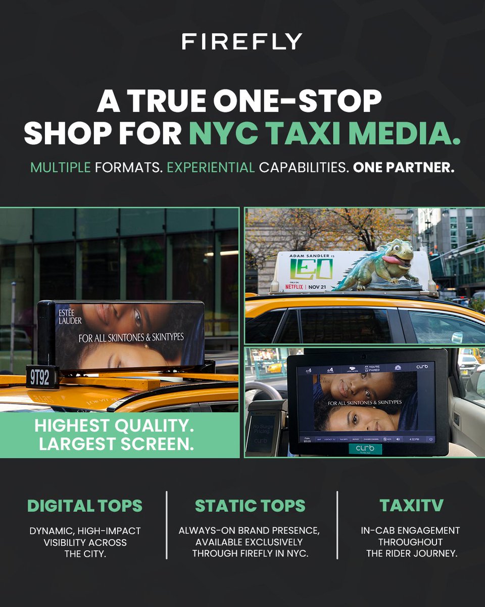 Firefly_Cities's tweet photo. The global leader in mobility media, backed by 20+ years of New York expertise. 🌍🚕

Firefly operates NYC’s largest taxi advertising platform, giving brands multiple ways to connect with audiences as they move through the city.

See what our NYC network can do. 👇 https://t.co/4rfflbqwNA