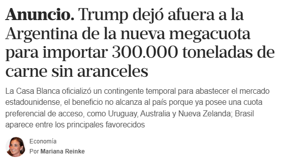 GordoLeyes's tweet photo. Titula Mariana Reinke en La Nación: "Trump dejó afuera a la Argentina". Pone más abajo, más chiquito obviamente, que Argentina ya tiene una cuota preferencial de acceso.
Mienten y te lo confirman ellos mismos: Argentina no puede estar afuera porque ya está adentro. https://t.co/ZMKcrviYuP
