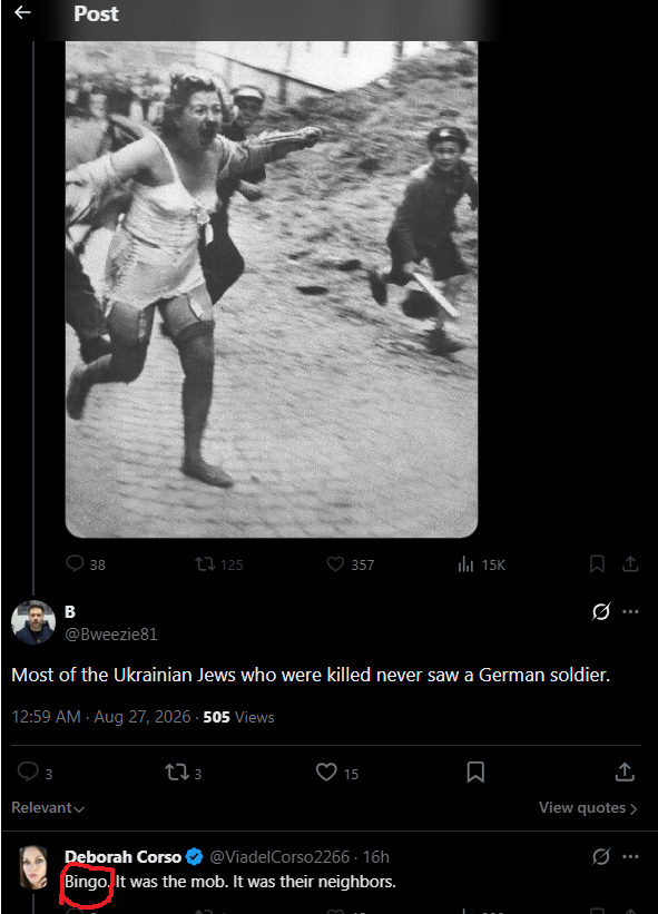 Alexmega177's tweet photo. @ViadelCorso2266 
First, she agrees with a tweet that says most Jews (in Ukraine) were killed by Ukrainians, not Germans.
Then she tries to object and accuse me of lying.
And then she immediately blocks me, preventing me from responding.
That's how russian propaganda works. https://t.co/KKtyvWBy16