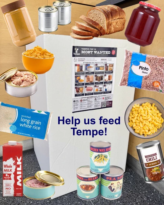 A collection box labeled "Help us feed Tempe!" surrounded by various food items. These include canned goods, such as beans and tuna, a loaf of bread, a jar of jam, milk, rice, cereal, pasta, and chili.