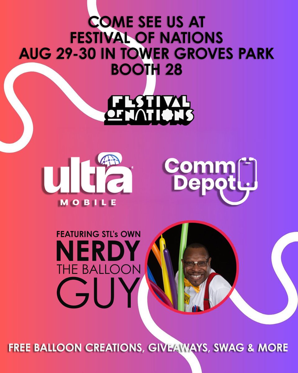 commdepotstl's tweet photo. Festival of Nations this weekend 🎉 Find us at Booth 28, Tower Grove Park, Sat &amp; Sun — Spin to Win, tons of swag, a shot at a FREE phone, and balloon art from STL's Nerdy the Balloon Guy for the kids all weekend. Sponsored by our partners at @UltraMobile. Come say hi 👋 https://t.co/vQWFYlnVqG