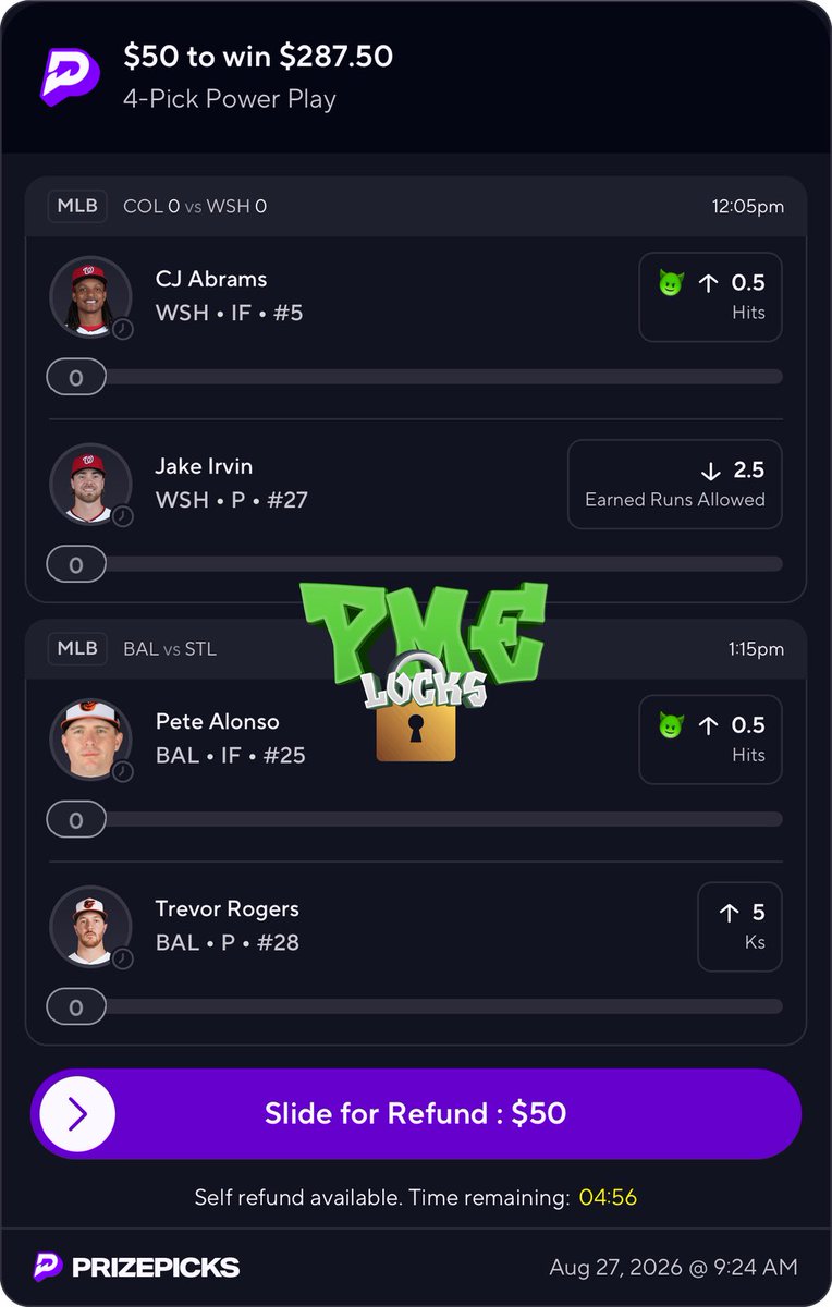 pmelocks's tweet photo. What’s crazy soon as I loaded my money to @PrizePicks to take my boy Jake Irvin earned runs u2.5 for the demon they made it a regular line 😂 https://t.co/cBScVewhrl https://t.co/vyvbSW1QET