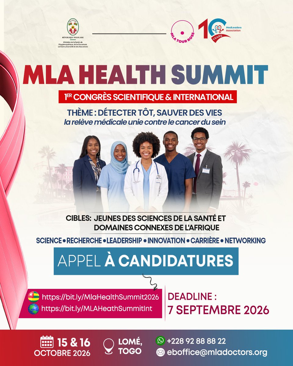 medstud_lead's tweet photo. ⏳ Le temps file. Les candidatures ferment bientôt.
#MLAHealthSummit #CancerDuSein
Jeunes des sciences de la santé d'Afrique & de la diaspora : c'est maintenant ou jamais.
⚠️ Deadline : 7 septembre
🇹🇬 https://t.co/llbWc1qYDz
🌍 https://t.co/D7lYrElBas https://t.co/yiVPFEFptL