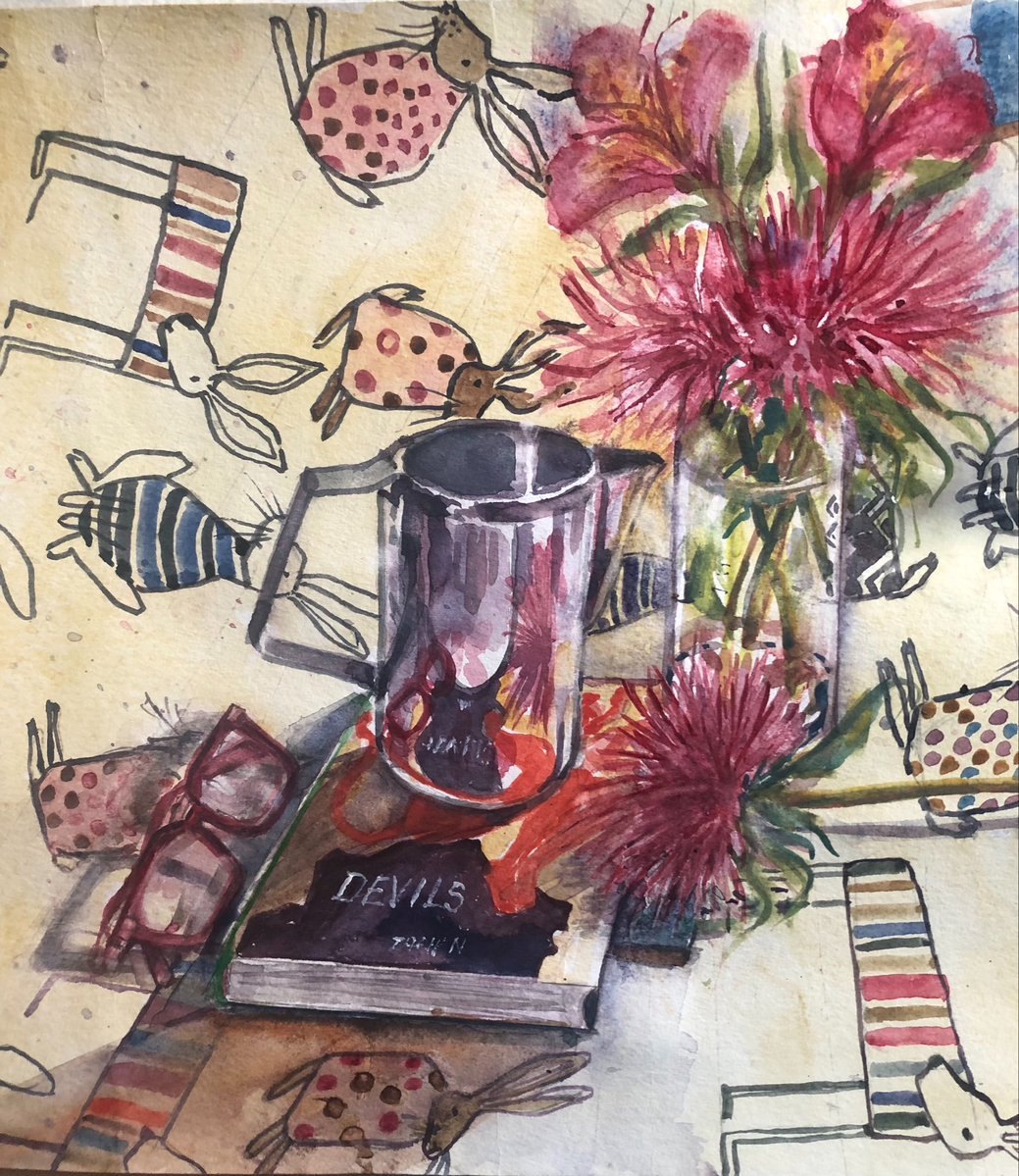 junerobin's tweet photo. Asters on the table for Summer’s end ~with hares 🐰🌸💝
#watercolour #arttherapy https://t.co/U0wLDsEw0H