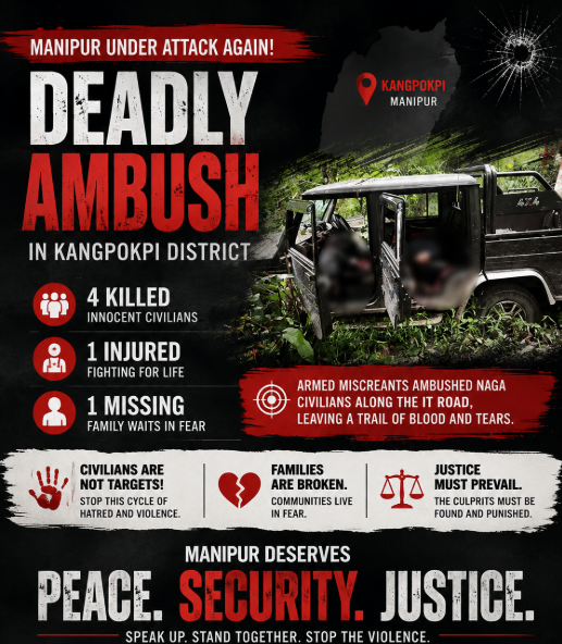 JhonsonChiru's tweet photo. Four killed, one injured in armed ambush in Kangpokpi, Manipur.
Reports of another deadly attack on civilians along an important road are deeply disturbing. Such violence cannot be normalised.
Peace, security and justice must prevail in Manipur.
#NoToTerrorism
#PeaceBuilding https://t.co/0KlgsBMpgM