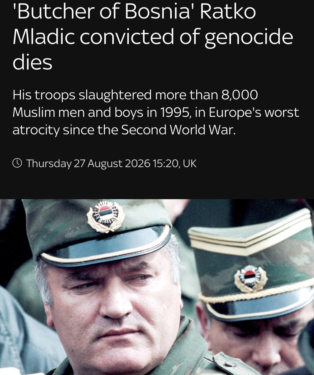 AbuHafsah1's tweet photo. Christian terrorist Ratko Mladić, responsible for the massacre of more than 8,000 Bosnian Muslim men and boys at Srebrenica, has died.

Alhamdulillah. True justice begins now.

May Allah punish him for his crimes for eternity. 

Say Ameen. https://t.co/ZJpGYJHIt2