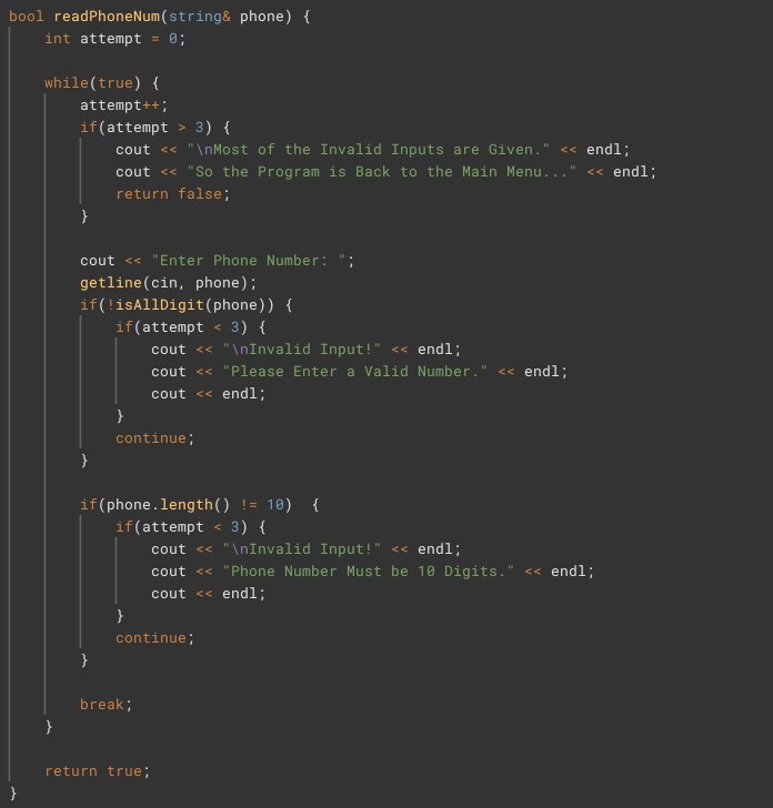 BuildWithMrinal's tweet photo. For the curious devs, here’s the C++ code behind the validation! 💻👇

📸 1: readID() using cin.clear() to flush streams &amp; a 3-retry limit.
📸 2: readPhoneNum() enforcing the strict 10-digit rule.
📸 3: isAllDigit() using ASCII logic for lightweight checking. https://t.co/tcC5lWiTrL
