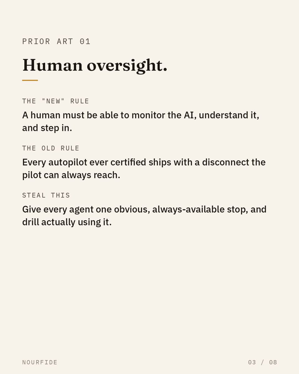 telnex's tweet photo. The "new" AI governance principles are older than the internet.
Five rules, their prior art, and what to steal from each. Swipe.
#NourFide: keeping autonomous AI under control. Light you can trust.
#AIgovernance #ResponsibleAI #AIagents #SafetyEngineering #ThaerMakdsi https://t.co/dNUCH5ad0m