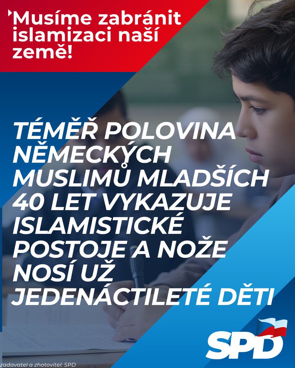 tomio_cz's tweet photo. Téměř polovina německých muslimů mladších 40 let vykazuje islamistické postoje a nože nosí už jedenáctileté děti.❗ 🔪👳🕌Musíme zabránit islamizaci naší země! Podle aktuálního monitoringu Spolkového kriminálního úřadu vykazuje přibližně 45 procent muslimů mladších čtyřiceti let latentní islamistické postoje. Podobné je to i v Rakousku. Podle 41 procent muslimských studentů v Rakousku jsou příkazy islámu nadřazeny zákonům. O věci informovaly Aktuálně a Novinky. Pokud nechcete, aby naše země byla islamizovaná stejně jako západní Evropa, volte SPD! Ručíme za bezpečné Česko.

🔪Nože už nosí i jedenáctileté děti a velká část mladých muslimů propadá radikalizaci, vyplývá z údajů berlínské neziskové organizace Die Arche. Její mluvčí Wolfgang Büscher varuje, že současný vývoj může přerůst v „katastrofu, kterou Německo nebude schopné zvládnout“. „Nože už pro mnoho mladých lidí nejsou ničím neobvyklým. U nás jsme přistihli se sečnými či bodnými zbraněmi i jedenáctileté děti,“ uvedl.

👳💣Dalším problémem je podle něj náboženská radikalizace. Někteří mladiství se už v rodinách setkávají s antisemitskými a islamistickými názory a část z nich podle Büschera tiše podporuje propagandu Islámského státu. „To, co nás čeká, je katastrofa. Řadu z nich už nelze přivést k demokratickým hodnotám,“ varoval.

➡Studie zároveň ukazuje, že násilí a konflikty jsou pro velkou část berlínských žáků běžnou zkušeností — od nadávek a zesměšňování až po fyzické útoky, vydírání či výhrůžky zbraní. Autoři zároveň upozorňují na „normalizaci“ některých forem agresivního jednání: část žáků nepokládá křik, strkání či posmívání za vážný problém.

✅Ve vládě s účastí SPD  zpřísníme azylovou a migrační politiku. Zavedeme politiku nulové tolerance vůči nelegální migraci. Odmítneme migrační pakt Evropské unie a přijmeme nový zákon o migraci a azylu. Nový zákon o azylu bude jasný a spravedlivý — azyl bude udělován pouze ve výjimečných, přesně definovaných případech. 

✅Migrační politika bude reflektovat potřeby trhu práce a bezpečnostní zájmy České republiky. Nebudeme tolerovat trestnou činnost cizinců. Posílíme pravomoci policie a cizinecké správy, zpřísníme pravidla pro pobyt cizinců a zajistíme rychlé a důsledné vyhošťování pachatelů trestných činů z území České republiky. Stát musí mít plnou kontrolu nad tím, kdo na jeho území pobývá a zda respektuje naše zákony.

 #imigrante #krimi