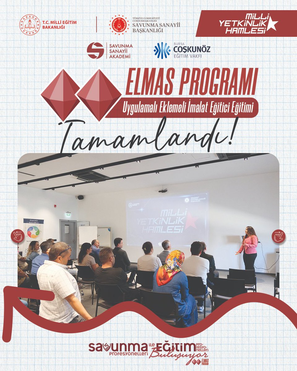 SavunmaAkademi's tweet photo. #ELMAS Programı Uygulamalı Eklemeli İmalat Eğitici Eğitimi Tamamlandı
#ELMASProgramı’nın “Savunma Profesyonelleri ile Eğitim Profesyonelleri Buluşuyor” faaliyetleri kapsamında, @tcmeb ve Savunma Sanayii Akademi koordinasyonunda, Bursa Coşkunöz Eğitim Vakfı ev sahipliğinde, 24–26 Ağustos 2026 tarihleri arasında Uygulamalı Eklemeli İmalat Eğitici Eğitimi gerçekleştirildi.
Programa katılan öğretmenlerimiz; eklemeli imalat teknolojilerine yönelik teorik ve uygulamalı eğitimler aracılığıyla tasarım, üretim ve proje geliştirme süreçlerini deneyimledi. Hazırlanan projelerin sunulması ve değerlendirilmesinin ardından katılım belgelerinin takdimiyle program tamamlandı.
#MillîYetkinlikHamlesi doğrultusunda gerçekleştirilen eğitimle, öğretmenlerimizin ileri üretim teknolojilerine ilişkin mesleki yetkinliklerinin geliştirilmesi ve edindikleri bilgi ve deneyimleri öğrencilerine aktararak #SavunmaSanayii’nin ihtiyaç duyduğu nitelikli insan kaynağının yetiştirilmesine katkı sağlamaları hedefleniyor.