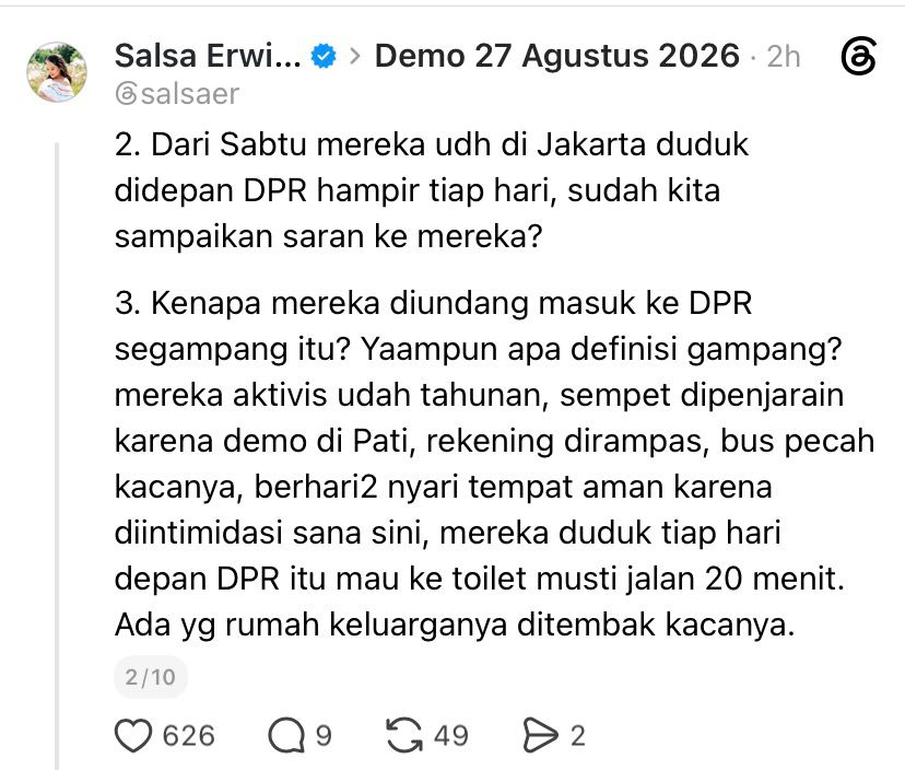 LambeSahamjja's tweet photo. salsa minta orang stop nyalahin temen pati
- arahkan kekecewaan ke substansi bukan ke mereka
- aspirasi ampb dari awal fokus cuma 2 tuntutan, 
- perampasan aset dan hukuman m4t1 koruptor
- mereka udah duduk depan dpr hampir tiap hari sejak sabtu, ke toilet aja harus jalan 20 menit
- ngalamin rekening dirampas
- bus pecah kaca
- sampe rumah keluarga ditembak kacanya
- soal kenapa cuma ampb yang diundang masuk
- itu emang sesuai fokus tuntutan mereka
- ruu perampasan aset bukan prank
- udah didorong lama dari kpk dan mahfud md
- hukuman m4t2 koruptor udah ada pasalnya 
- tapi emang ga pernah dipake hakim
- soal nunggu 15 desember
- itu emang lambatnya kerja dpr bukan salah ampb
- resiko orang bersuara itu besar
- ada teror ke diri keluarga sampe mata pencaharian yang ga diceritain ke publik
- dia ajak stop ekspektasi kesempurnaan dan stop bandingin gerakan
-  capek katanya lahir di negara korup