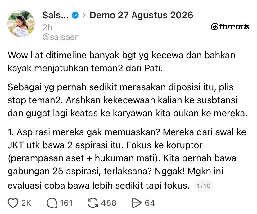 LambeSahamjja's tweet photo. salsa minta orang stop nyalahin temen pati
- arahkan kekecewaan ke substansi bukan ke mereka
- aspirasi ampb dari awal fokus cuma 2 tuntutan, 
- perampasan aset dan hukuman m4t1 koruptor
- mereka udah duduk depan dpr hampir tiap hari sejak sabtu, ke toilet aja harus jalan 20 menit
- ngalamin rekening dirampas
- bus pecah kaca
- sampe rumah keluarga ditembak kacanya
- soal kenapa cuma ampb yang diundang masuk
- itu emang sesuai fokus tuntutan mereka
- ruu perampasan aset bukan prank
- udah didorong lama dari kpk dan mahfud md
- hukuman m4t2 koruptor udah ada pasalnya 
- tapi emang ga pernah dipake hakim
- soal nunggu 15 desember
- itu emang lambatnya kerja dpr bukan salah ampb
- resiko orang bersuara itu besar
- ada teror ke diri keluarga sampe mata pencaharian yang ga diceritain ke publik
- dia ajak stop ekspektasi kesempurnaan dan stop bandingin gerakan
-  capek katanya lahir di negara korup