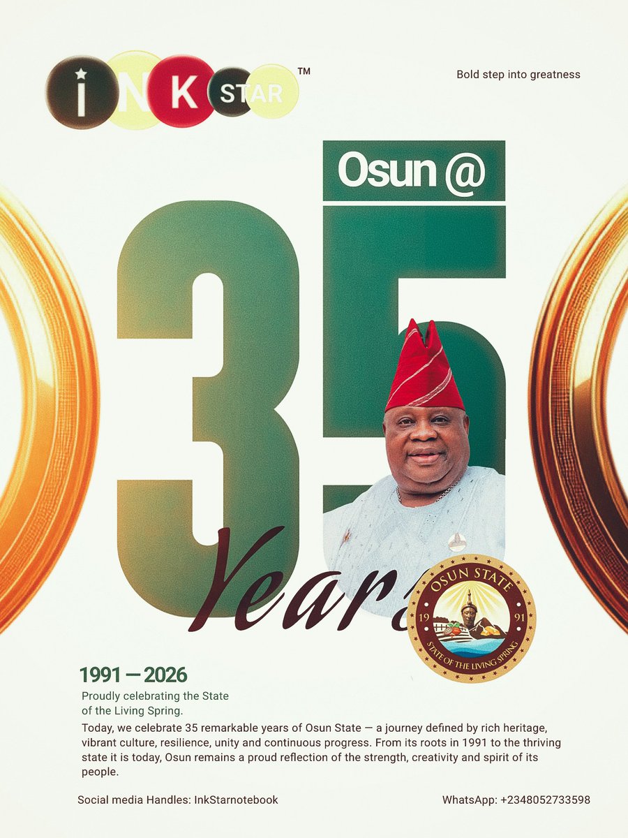 InkStarnotebook's tweet photo. 🎉 OSUN STATE @ 35! 🎉
35 years of rich heritage, vibrant culture, resilience, and progress. 💚
Today, we celebrate the journey of the State of the Living Spring and the people whose strength, creativity, and contributions continue to shape its story.
Happy 35th Anniversary. https://t.co/clJF3orQNu