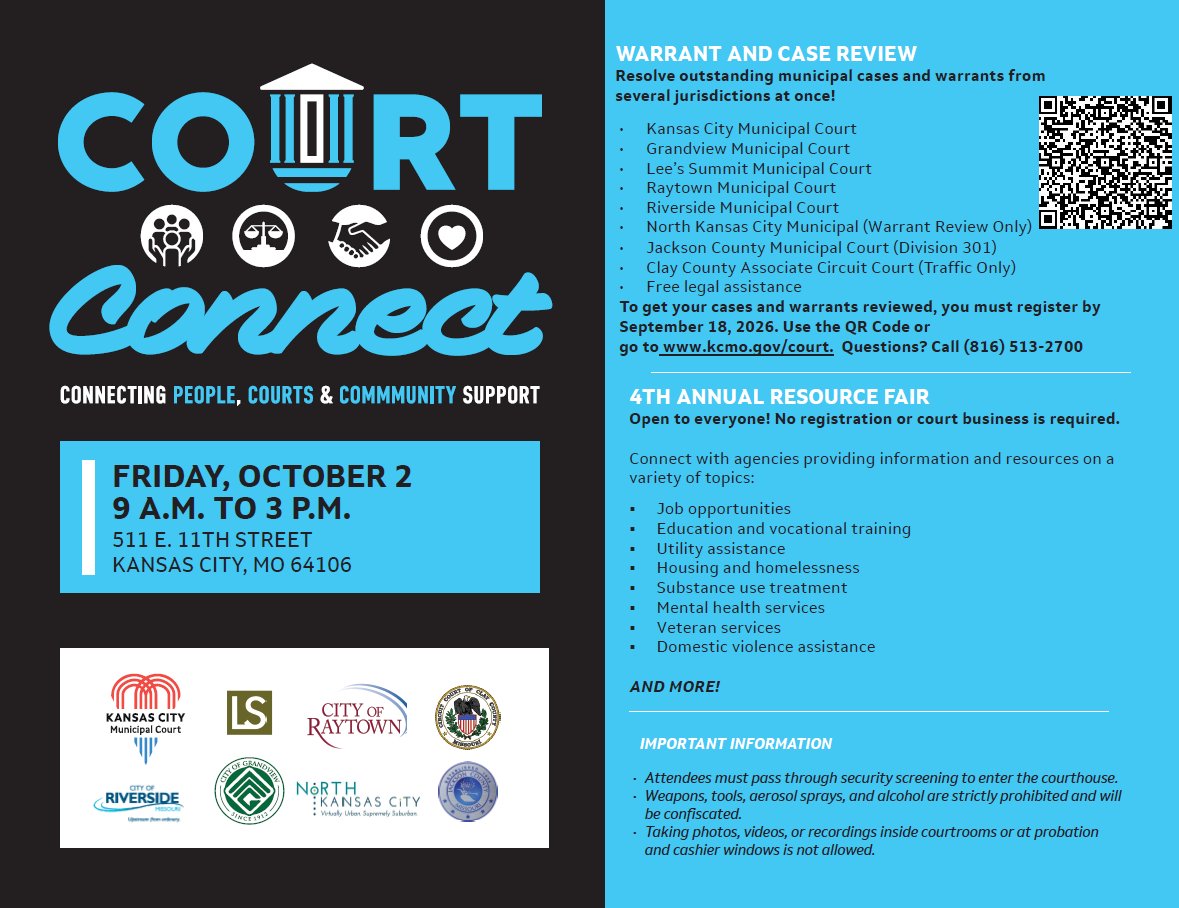 RideKCTransit's tweet photo. ICYMI - Looking for assistance with a traffic or criminal court case? Court Connect is hosting a community resource event on October 2, 2026.

Free attorneys will be available to assist individuals with resolving traffic and criminal cases.
Information below! https://t.co/Tr64Z0fYnJ