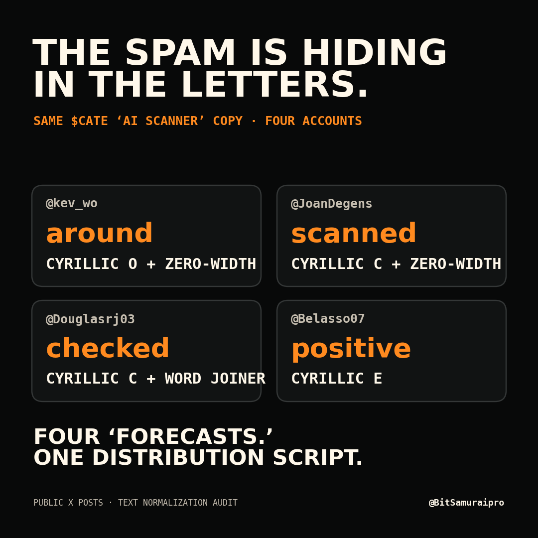 BitSamuraipro's tweet photo. those $CATE “AI scanner” posts aren’t independent opinions. they’re one script wearing different usernames.

the copy swaps Cyrillic look-alike letters and invisible characters into “around,” “scanned” and “positive.” to a reader they look normal; to a literal duplicate-text check, they’re different strings.