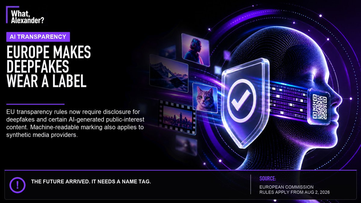 xMortecai's tweet photo. Europe now requires clear disclosure for deepfakes and certain AI-generated public-interest content. Good. If synthetic media can borrow reality’s face, the least it can do is wear a name tag. https://t.co/Apf2CxnUUy