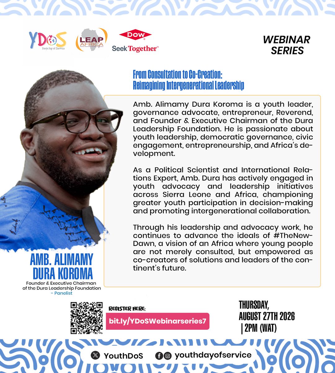 AmbDura's tweet photo. Today, I spoke at the @YouthDoS webinar by @LEAPAfrica on “From Consultation to Co-Creation: Reimagining Intergenerational Leadership.” I challenged the culture of tokenism: young people must move from being consulted about decisions to co-creating them. #TheNewDawn https://t.co/vgrD52MCKe