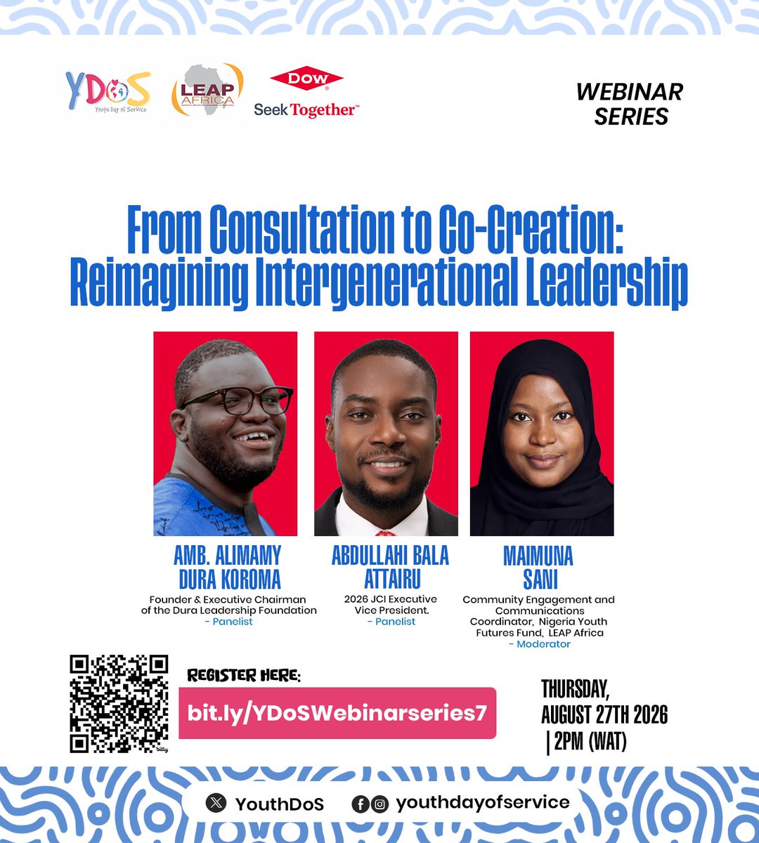 AmbDura's tweet photo. Today, I spoke at the @YouthDoS webinar by @LEAPAfrica on “From Consultation to Co-Creation: Reimagining Intergenerational Leadership.” I challenged the culture of tokenism: young people must move from being consulted about decisions to co-creating them. #TheNewDawn https://t.co/vgrD52MCKe
