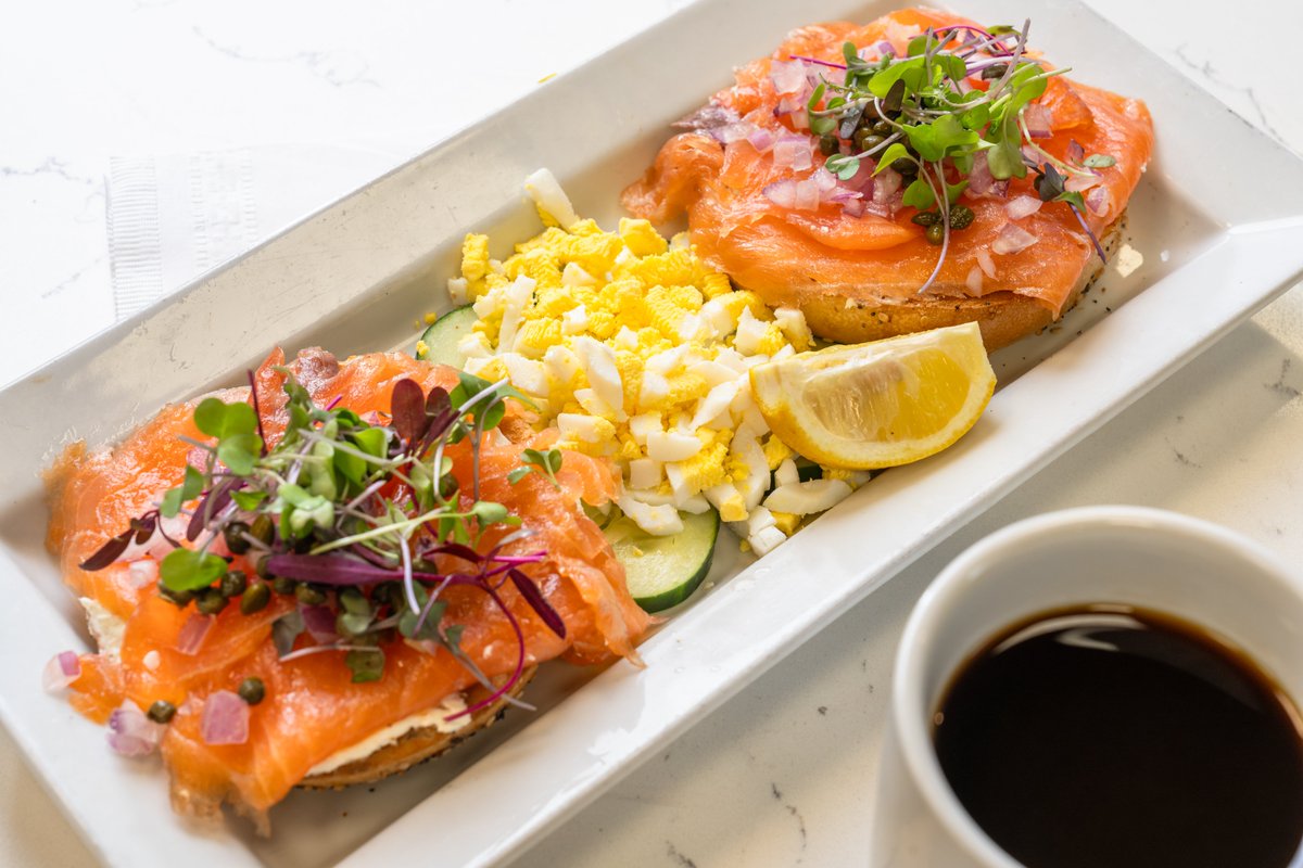 JAMEateries's tweet photo. Bagel &amp; Lox ~ Silky smoked salmon layered with whipped cream cheese, crisp red onion, and briny capers on a toasted bagel of your choice. Served with diced hard‑boiled egg. A brunch favorite that will delight your taste buds. https://t.co/D1Ln4FpO0p