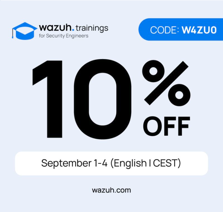 KarinaSalesOps's tweet photo. 🚨 For anyone interested in getting hands-on with Wazuh: this training starts at 9:00 AM CEST and is currently available with 10% off. 
Request your code at sales@wazuh.com and mention this post. 😉

#CyberSecurity #Wazuh https://t.co/Dk3IOE86u9