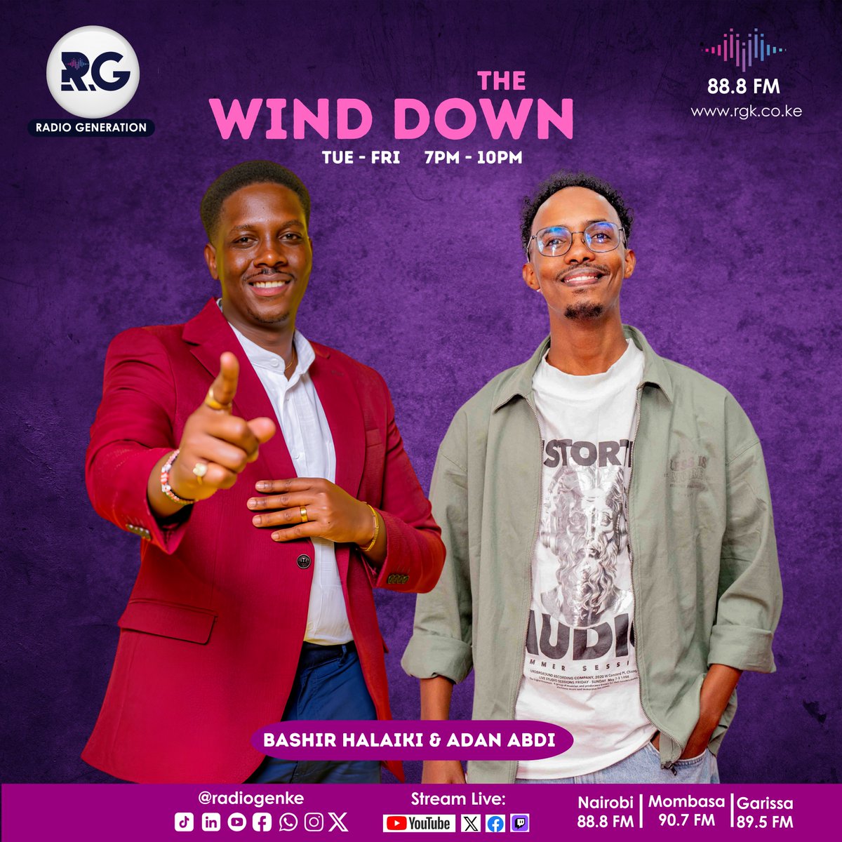 RadioGenKe's tweet photo. Memories aren’t meant to be forgotten and the #TheWindDown duo, @bashirhalaiki  & @Adan_Abdii, are bringing those unforgettable moments back to life this #ThrowbackThursday with great throwback hits and engaging conversations that take you on a trip down memory lane all the way till 10 PM.
#HomeOfHardTruths