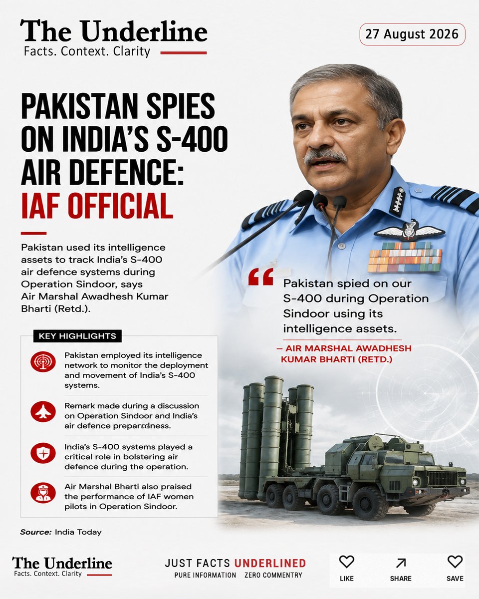 theunderlinein's tweet photo. Pakistan activated spies to locate India’s S-400 systems during Operation Sindoor, says Air Marshal (retd.) Jeetendra Mishra. He also highlighted women fighter pilots’ combat missions and claimed an S-400 intercepted a radar platform at 314 km.
#OperationSindoor #S400 #IAF https://t.co/SN9DUHB5I5