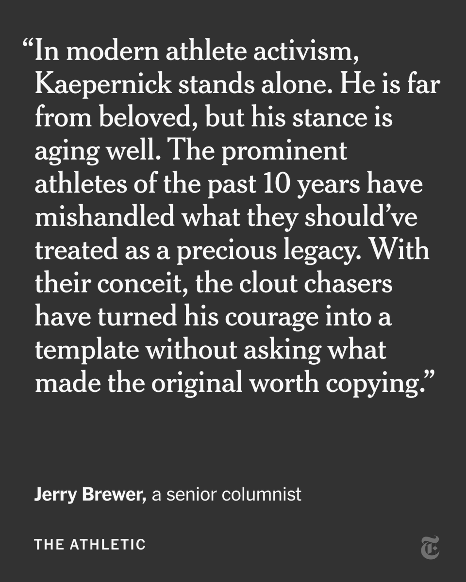 nytimes's tweet photo. From @TheAthletic: A decade after Colin Kaepernick took a knee, he still stands taller than his peers, our columnist writes. https://t.co/ZBlDFXbQjN https://t.co/hTO57kg1Qg